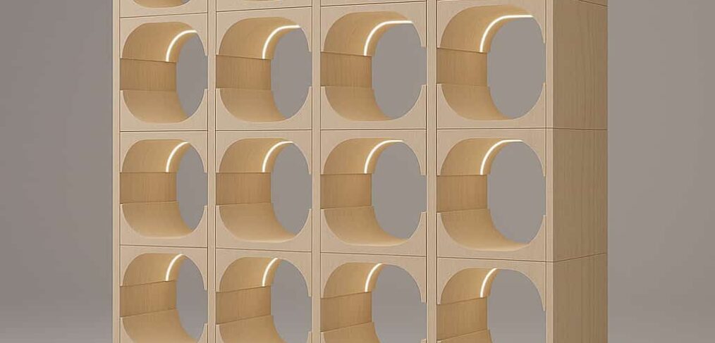 Esempio di moduli espositivi realizzati con fresatura CNC per allestimenti museali Axial.