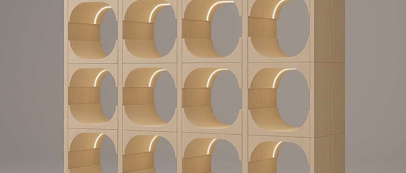 Esempio di moduli espositivi realizzati con fresatura CNC per allestimenti museali Axial.