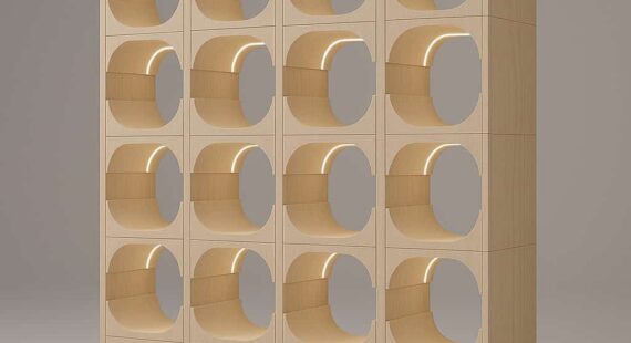 Esempio di moduli espositivi realizzati con fresatura CNC per allestimenti museali Axial.