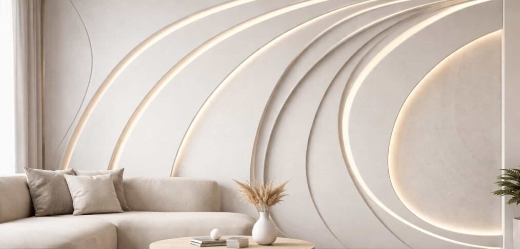 Parete decorativa in cartongesso con gole LED e forme curve realizzata con fresatura CNC