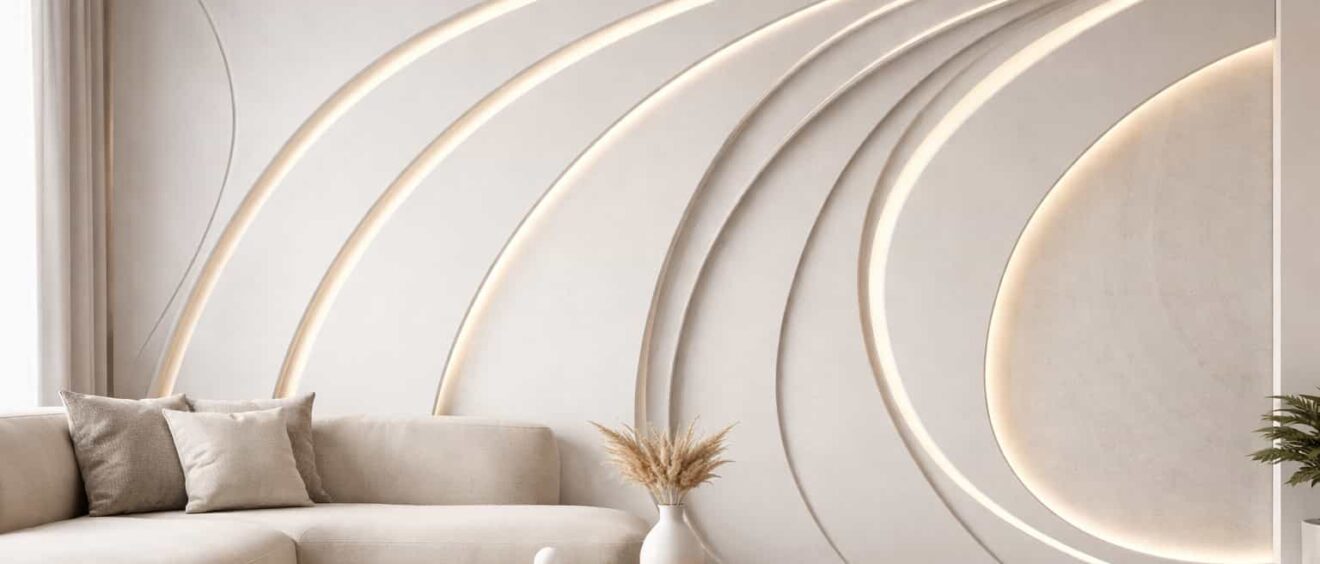 Parete decorativa in cartongesso con gole LED e forme curve realizzata con fresatura CNC