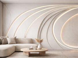 Parete decorativa in cartongesso con gole LED e forme curve realizzata con fresatura CNC