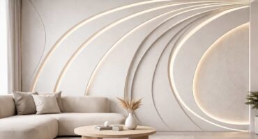 Parete decorativa in cartongesso con gole LED e forme curve realizzata con fresatura CNC