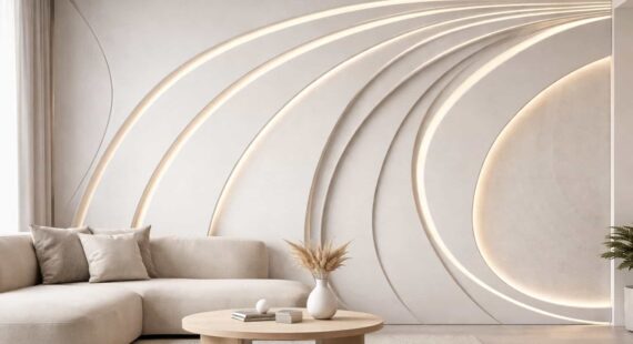 Parete decorativa in cartongesso con gole LED e forme curve realizzata con fresatura CNC